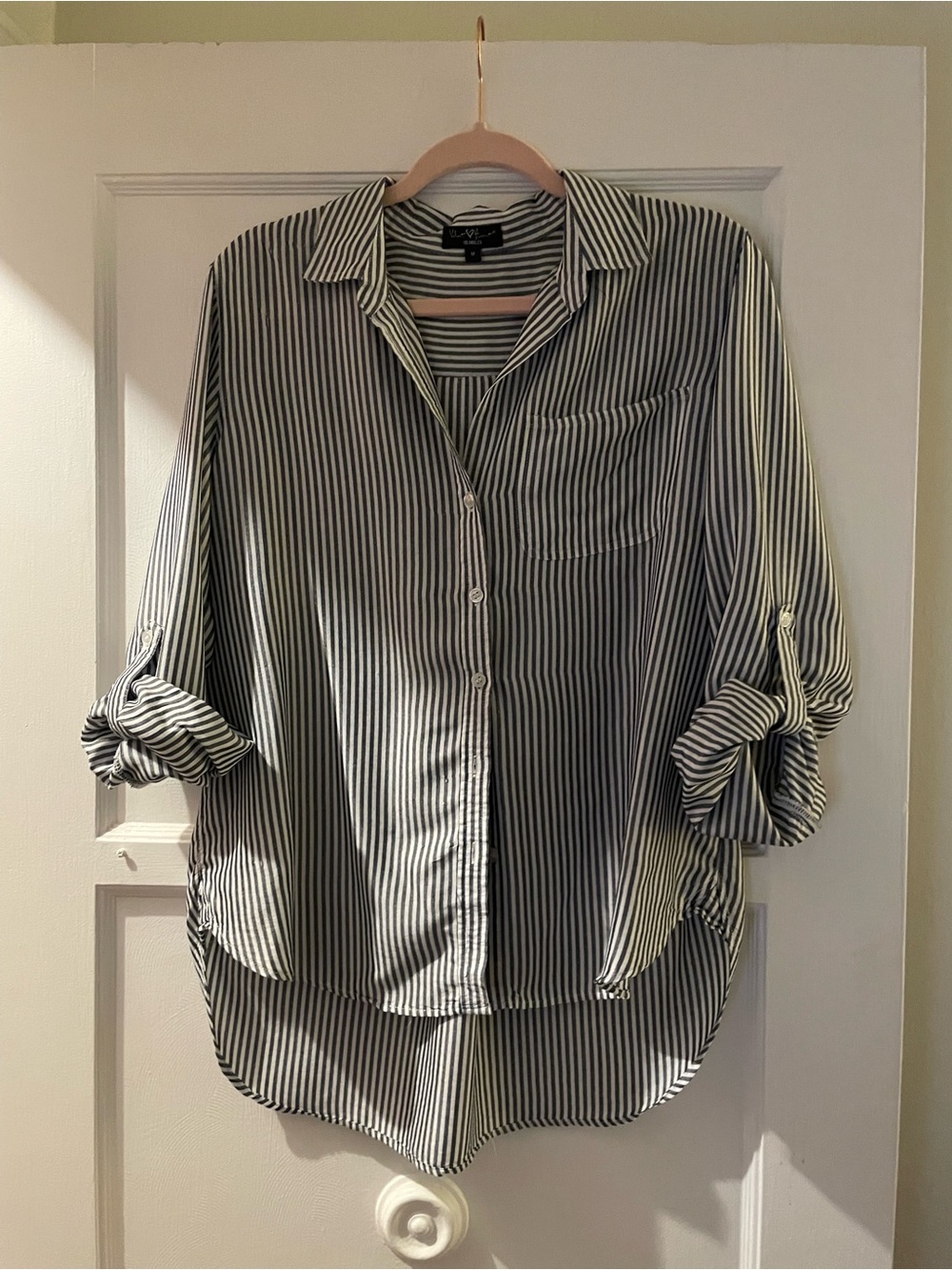 Velvet Heart Striped Button-Down Shirt in White and Gray